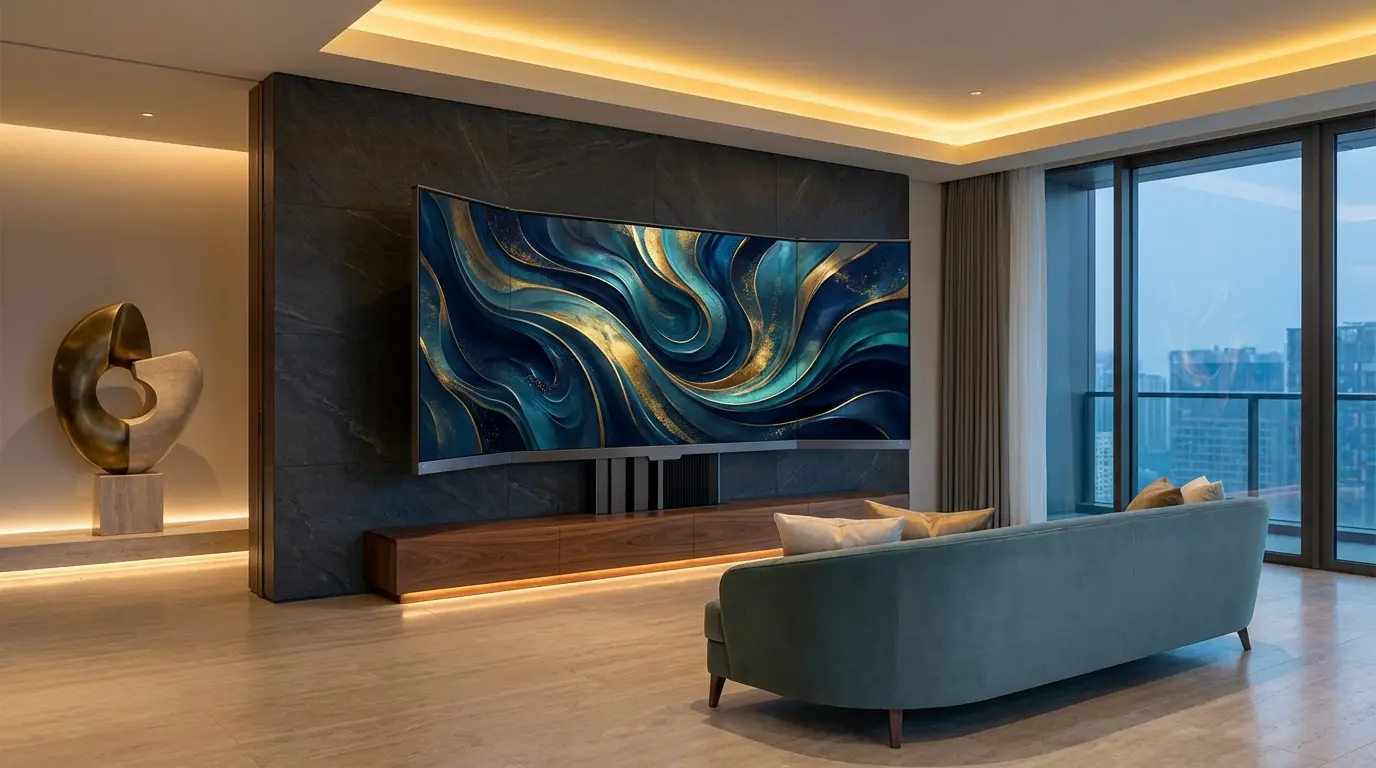 Home cinéma de luxe intégré dans un intérieur moderne Image d'un salon luxueux avec un grand écran incurvé intégré au mur, affichant une œuvre abstraite. Canapé et vue urbaine.