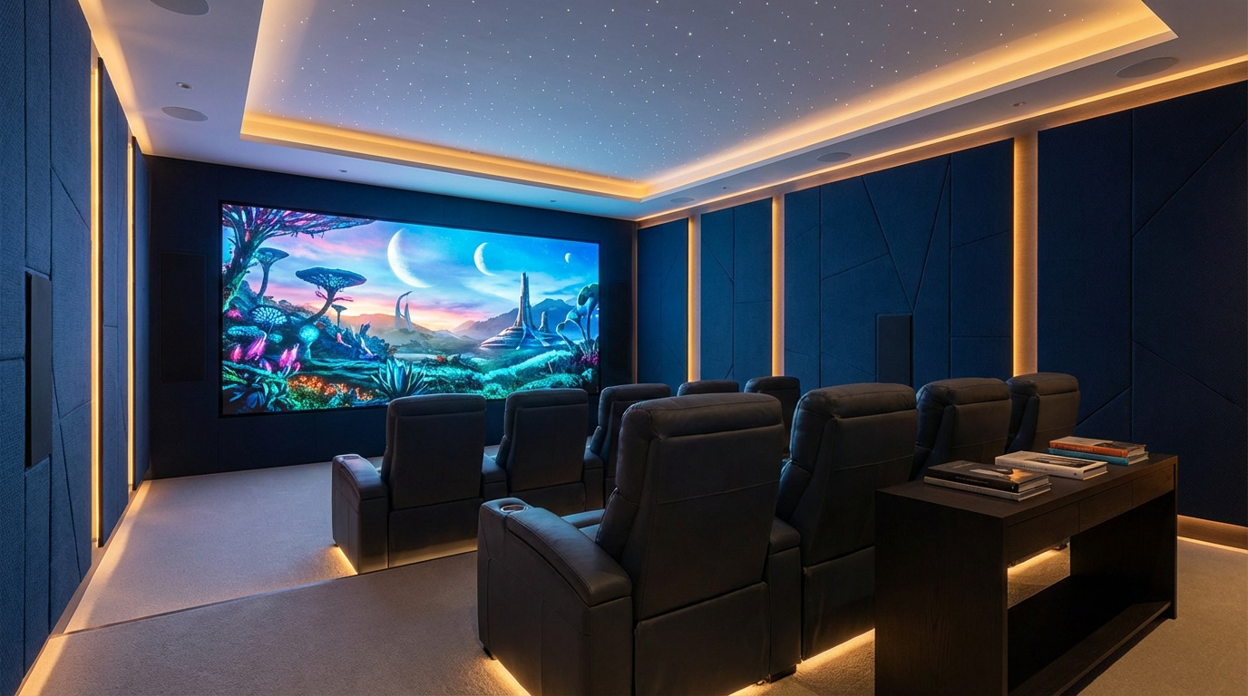 Intérieur d'une salle de cinéma privée avec grand écran, fauteuils confortables et éclairage d'ambiance étoilé.