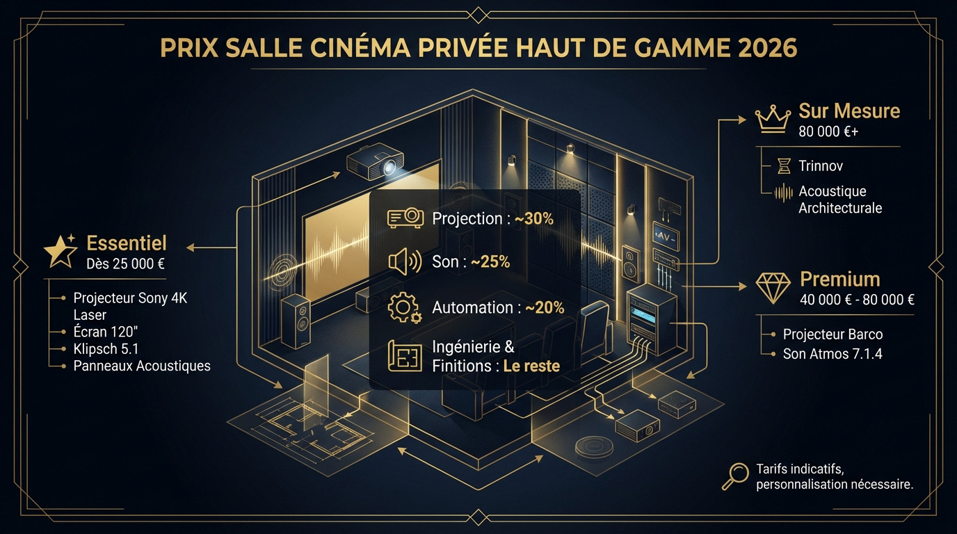 Prix d'une salle de cinéma privée maison haut de gamme 1 Installation d'une salle de cinéma privée haut de gamme avec fauteuils en alcantara et ciel étoilé